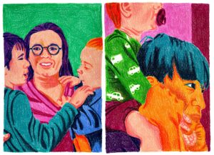 Links tekening moeder met twee kinderen in haar armen, rechts vader met kind op zijn nek